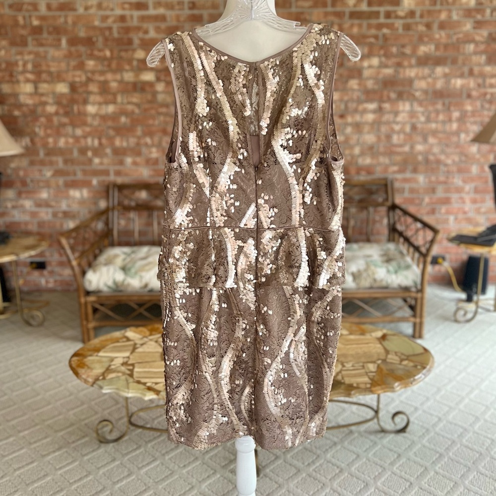 Adrianna Papell Taupe Champagne Lace Sequin Peplum Dress 14 Cocktail Glam - Picture 10 of 14